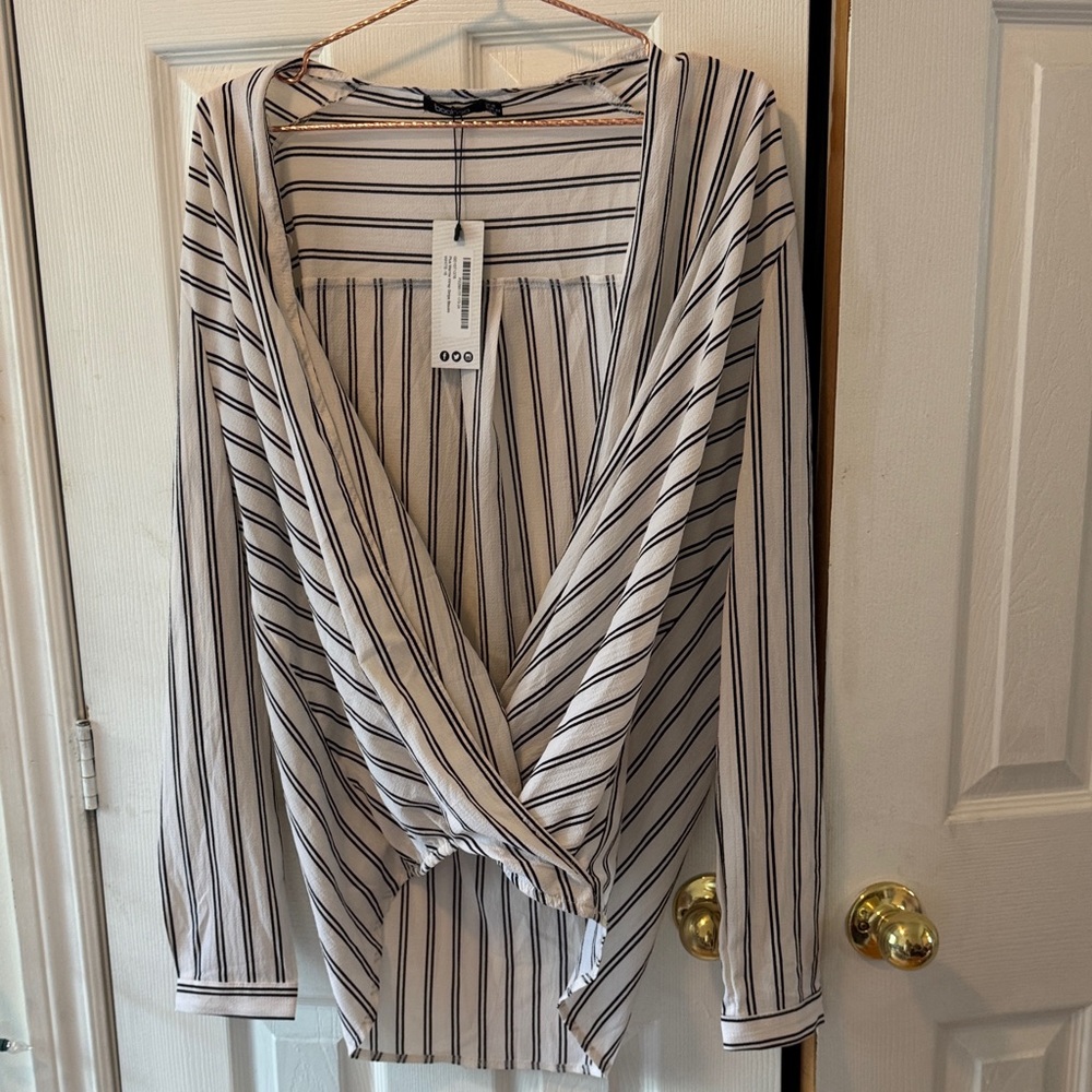 Boohoo Black and White Striped Wrap Blouse